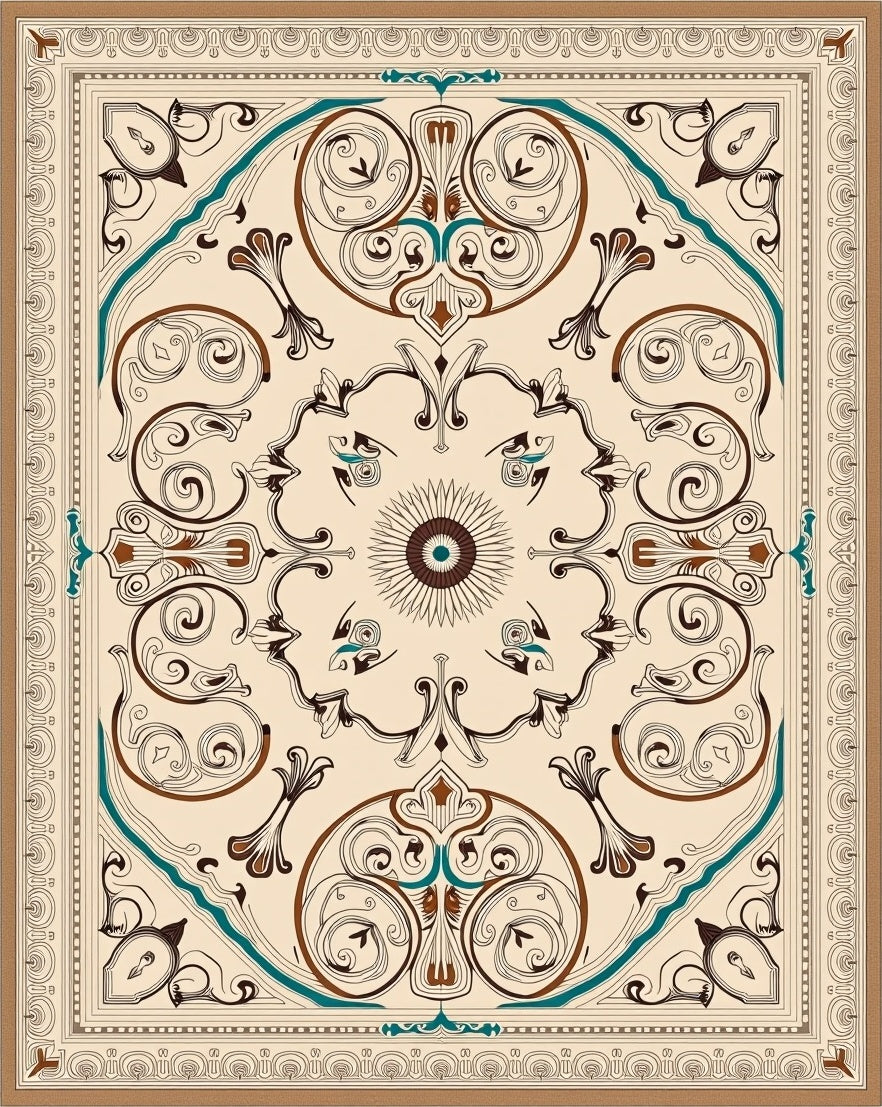 Elegant Beige Brown Teal Medallion Rug