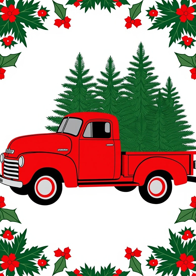 Red Vintage Truck Christmas Trees Holly Border Rug