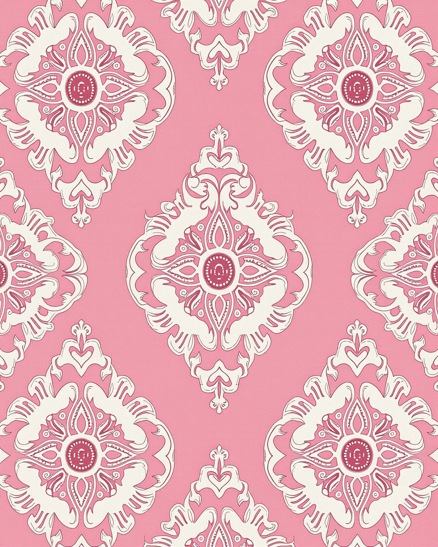 Pink Cream Floral Damask Medallion Rug