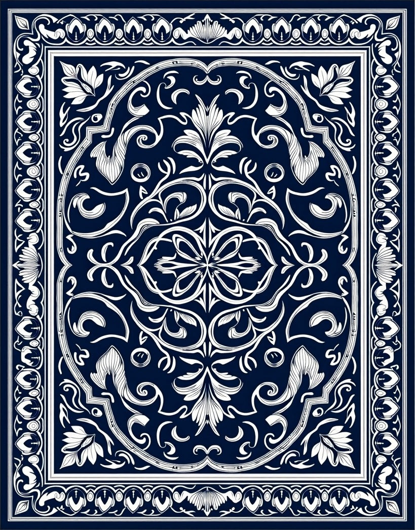 Deep Navy White Floral Scroll Border Rug