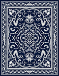 Deep Navy White Floral Scroll Border Rug