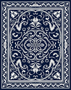 Deep Navy White Floral Scroll Border Rug