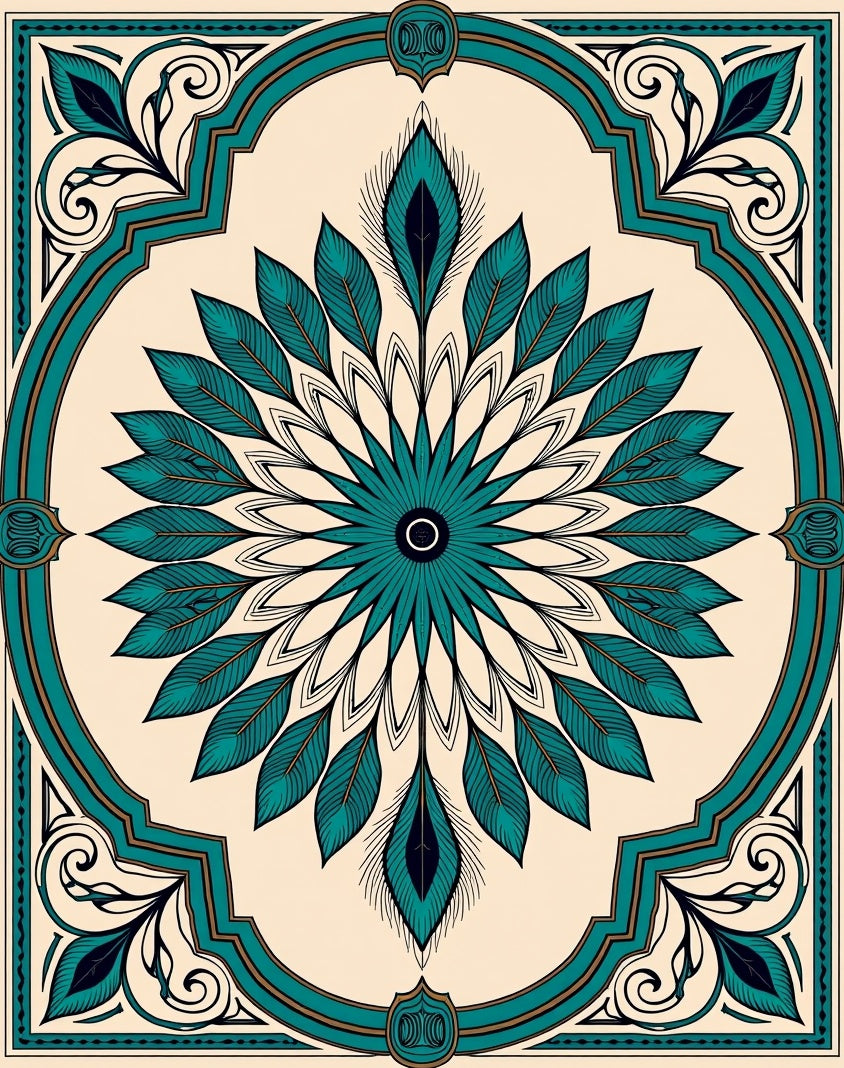 Teal Feather Mandala With Golden Frame Rug