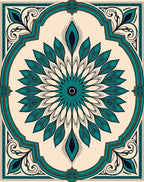 Teal Feather Mandala With Golden Frame Rug