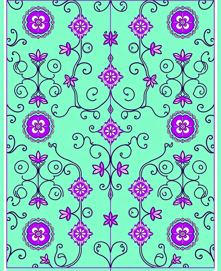 Aqua Purple Floral Vine Scroll Rug