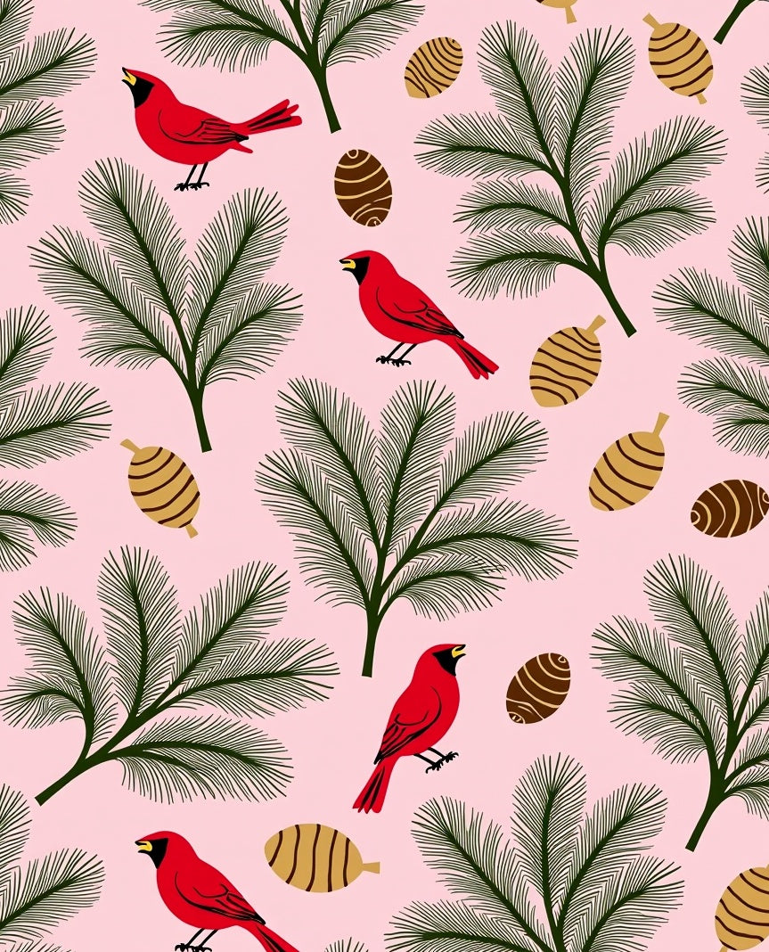 Pink Cardinal Pinecone Evergreen Branches Rug