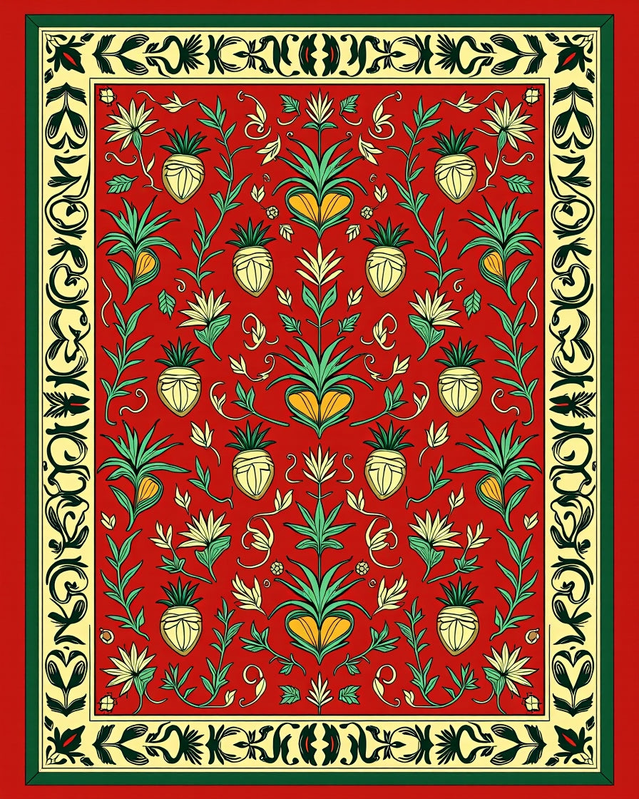 Crimson Pineapple Floral Botanical Imagery Rug