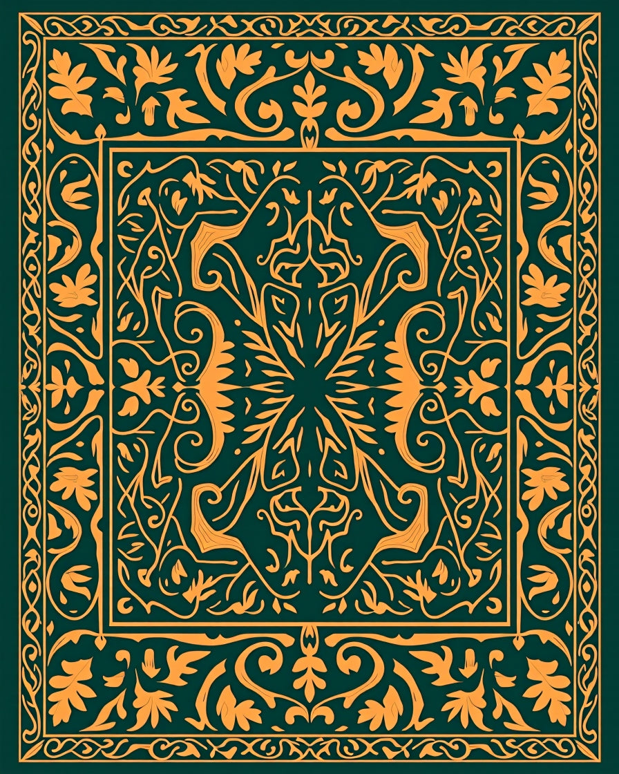 Rich Teal Golden Floral Symmetry Rug