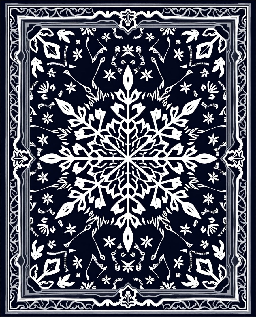 Navy White Snowflake Medallion Frame Rug