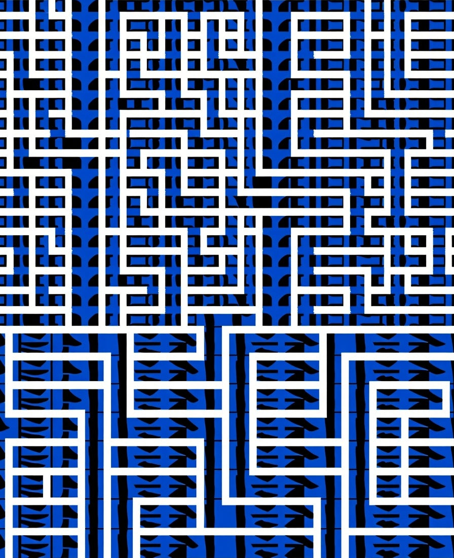 Bold Blue White Geometric Maze Rug