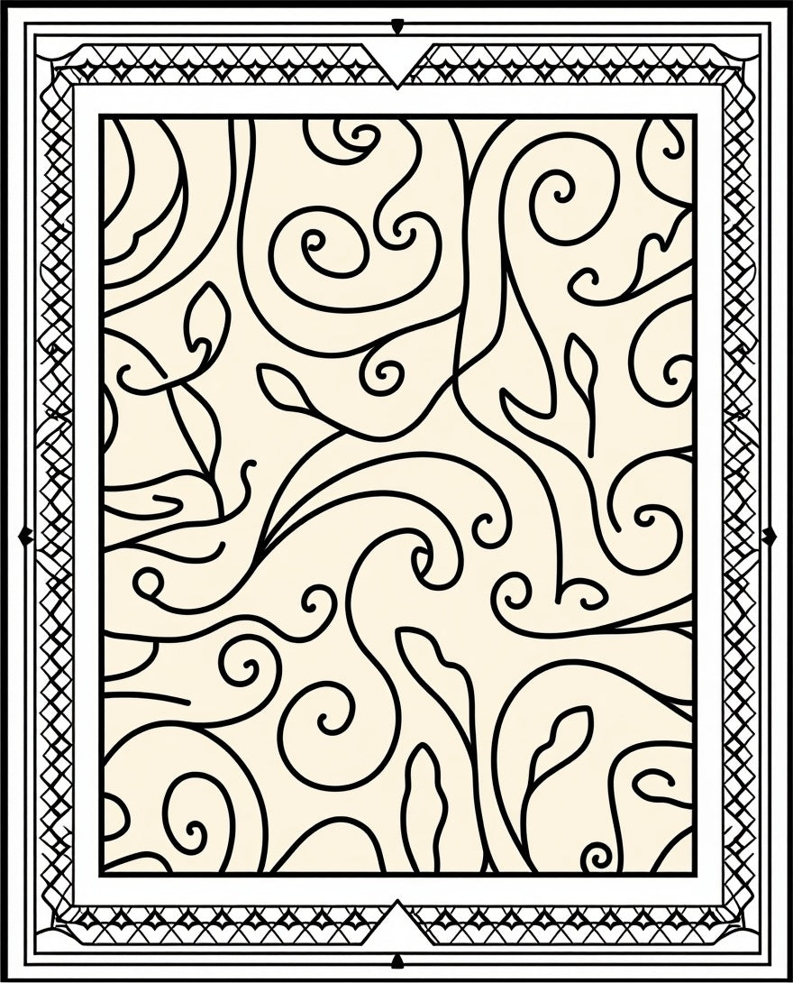 Cream Black Swirl Leaf Scroll Frame Rug