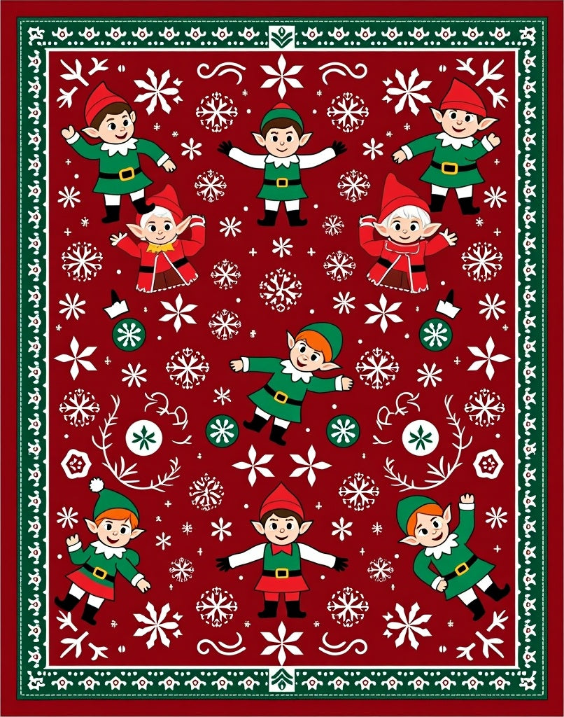 Red Elves and Snowflakes Christmas Blanket Rug