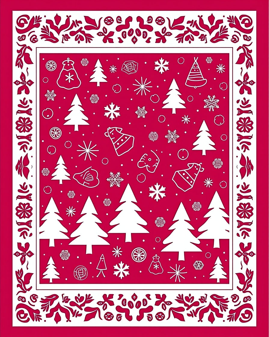 Vibrant Red Christmas Tree Snowflakes Rug