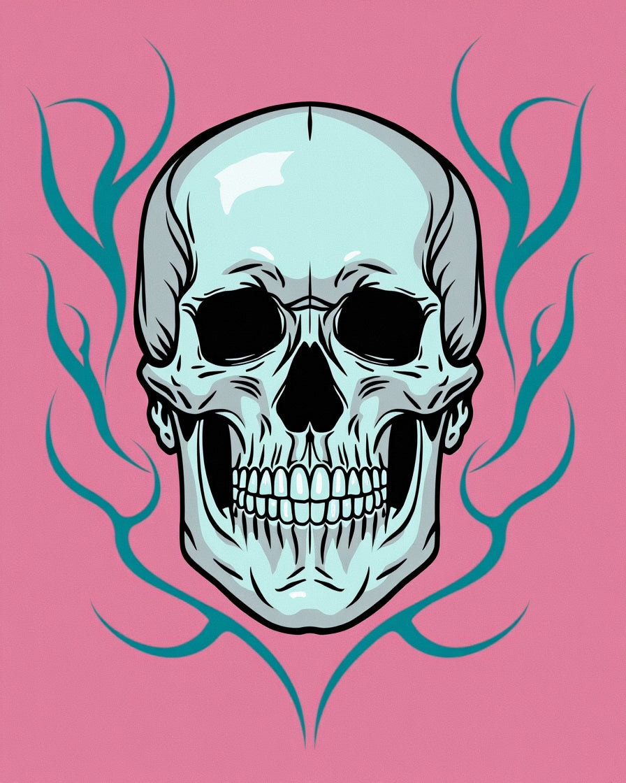 Pale Skull Teal Flame Pink Background Rug