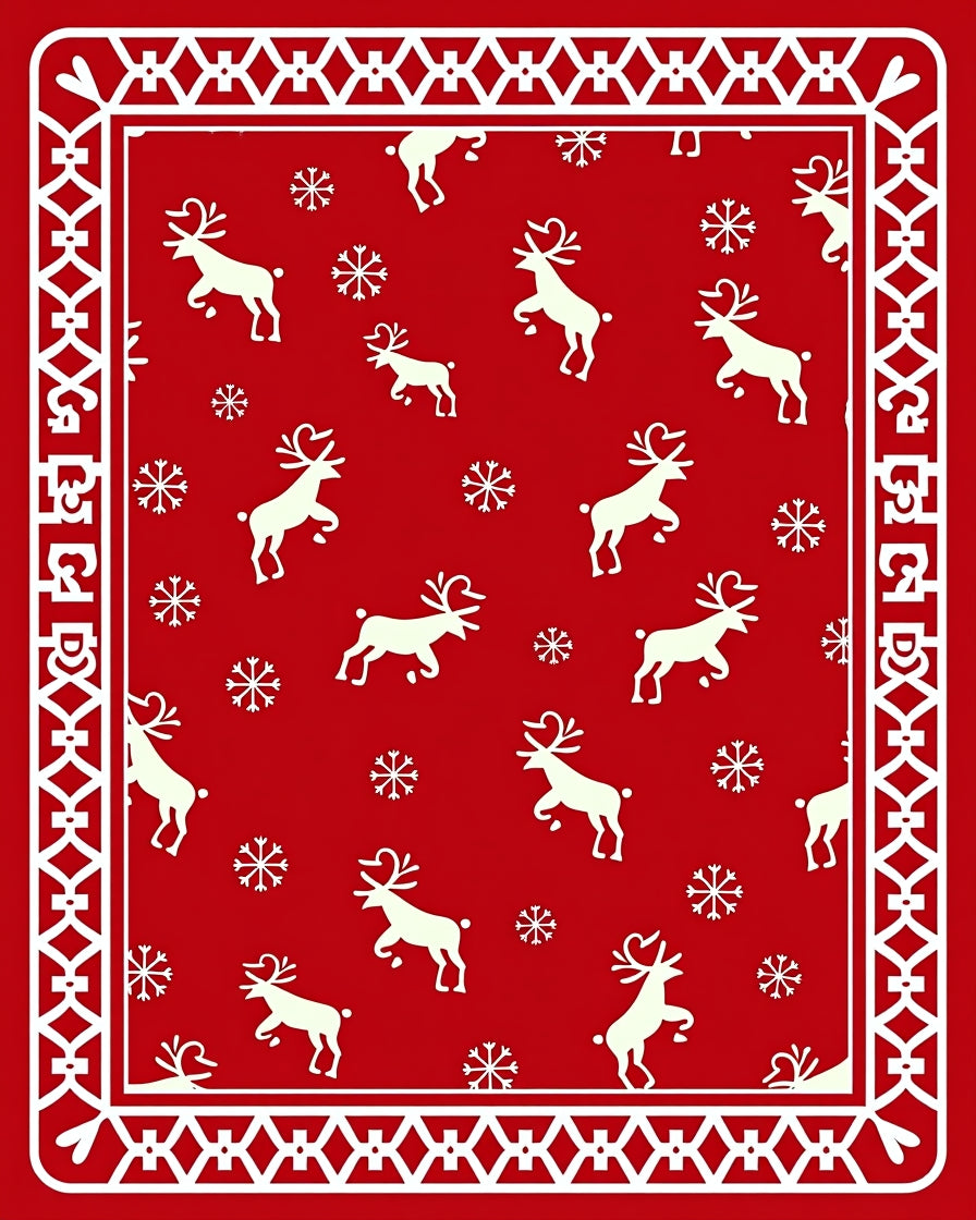 Red Reindeer Snowflake Holiday Border Rug