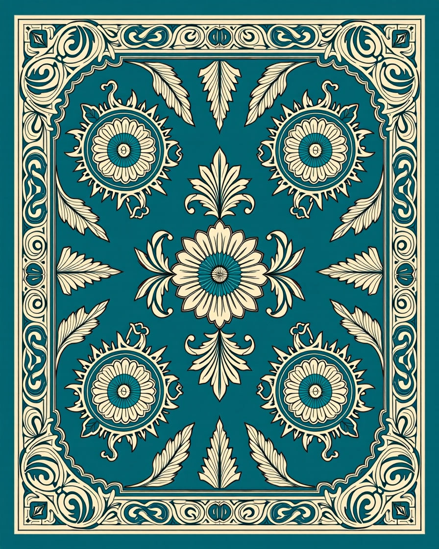 Teal and Cream Floral Border Rug