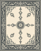Ornate Off-White Charcoal Damask Border Rug