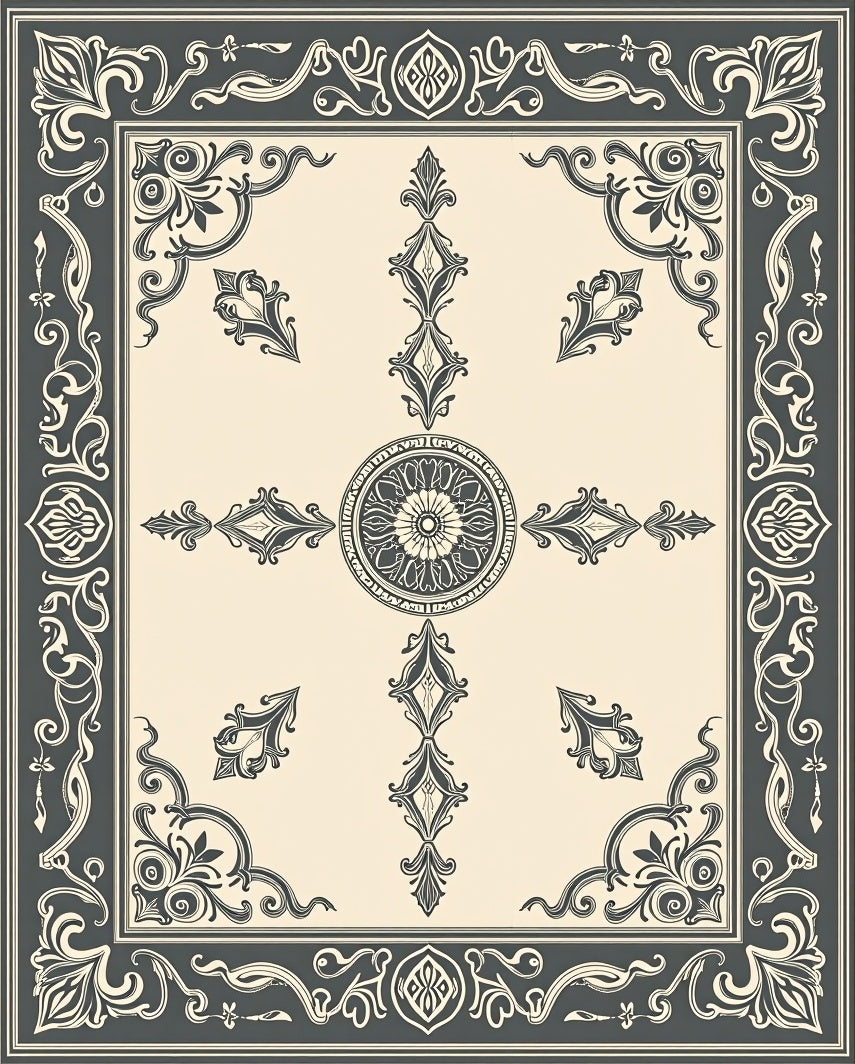 Ornate Off-White Charcoal Damask Border Rug