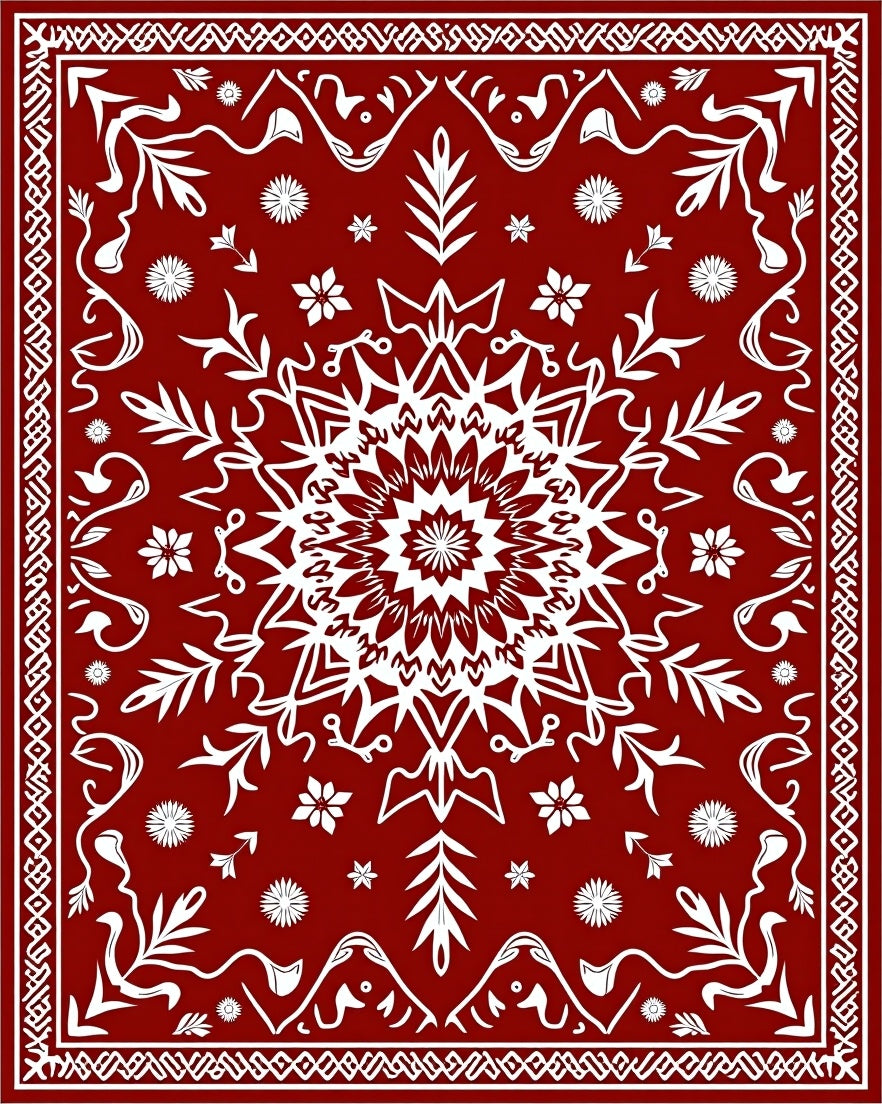 Deep Red Central Medallion Floral Frame Rug