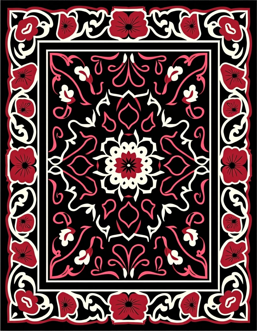 Crimson Floral Medallion Black Rug