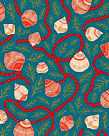 Teal Red Shell Foliage Medallion Rug