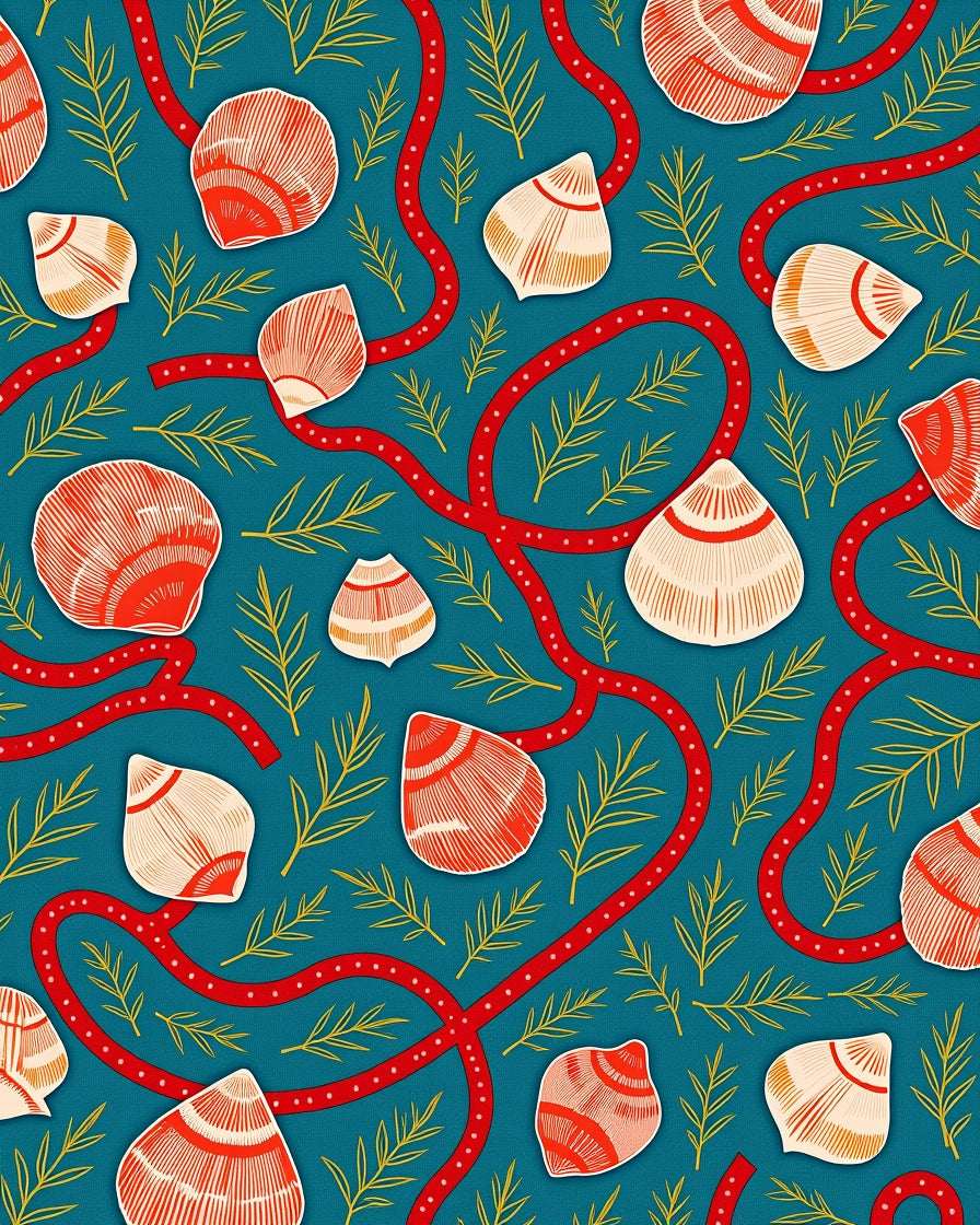 Teal Red Shell Foliage Medallion Rug