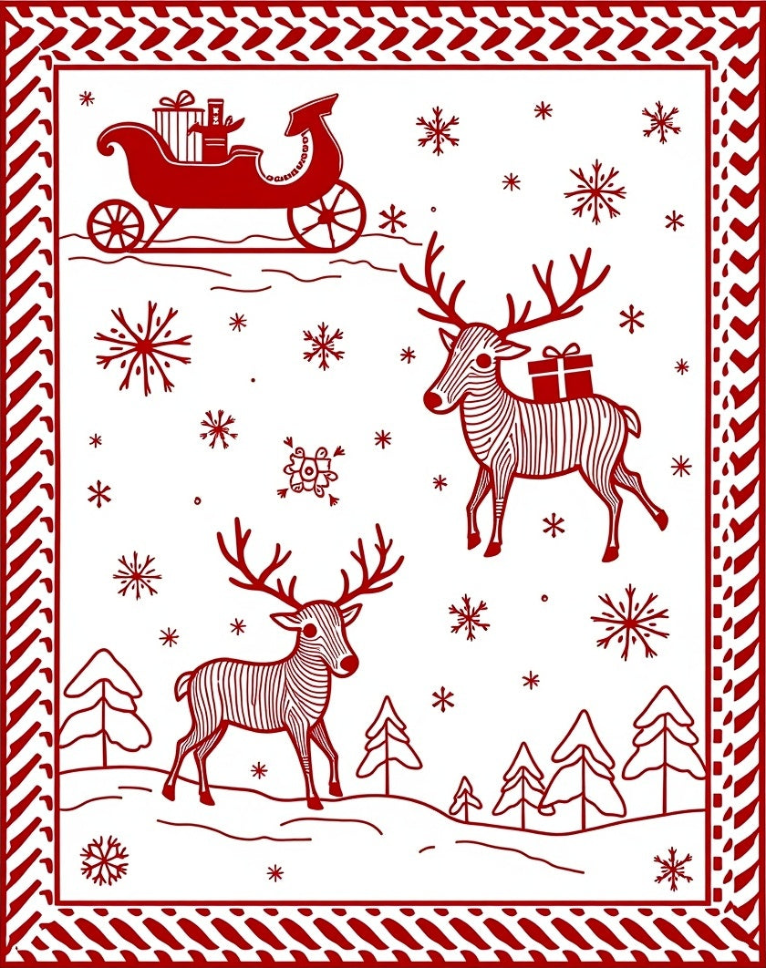Red Festive Reindeer Sleigh Snowflakes Christmas Rug