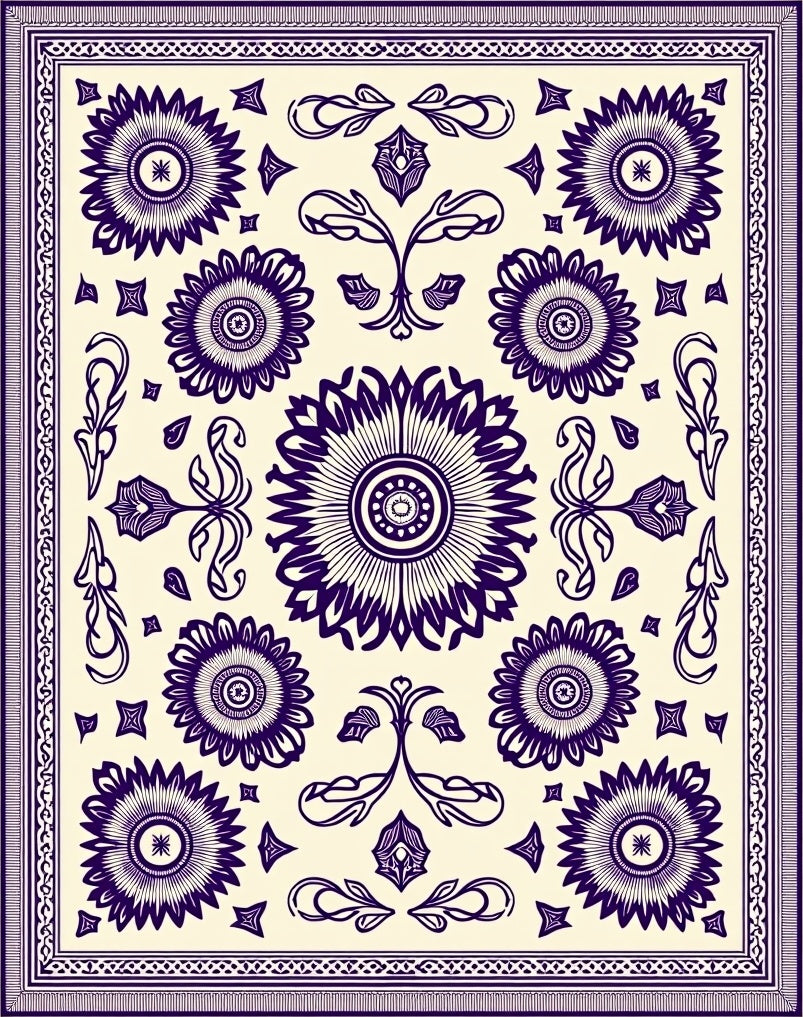 Deep Indigo Floral Medallion Cream Rug