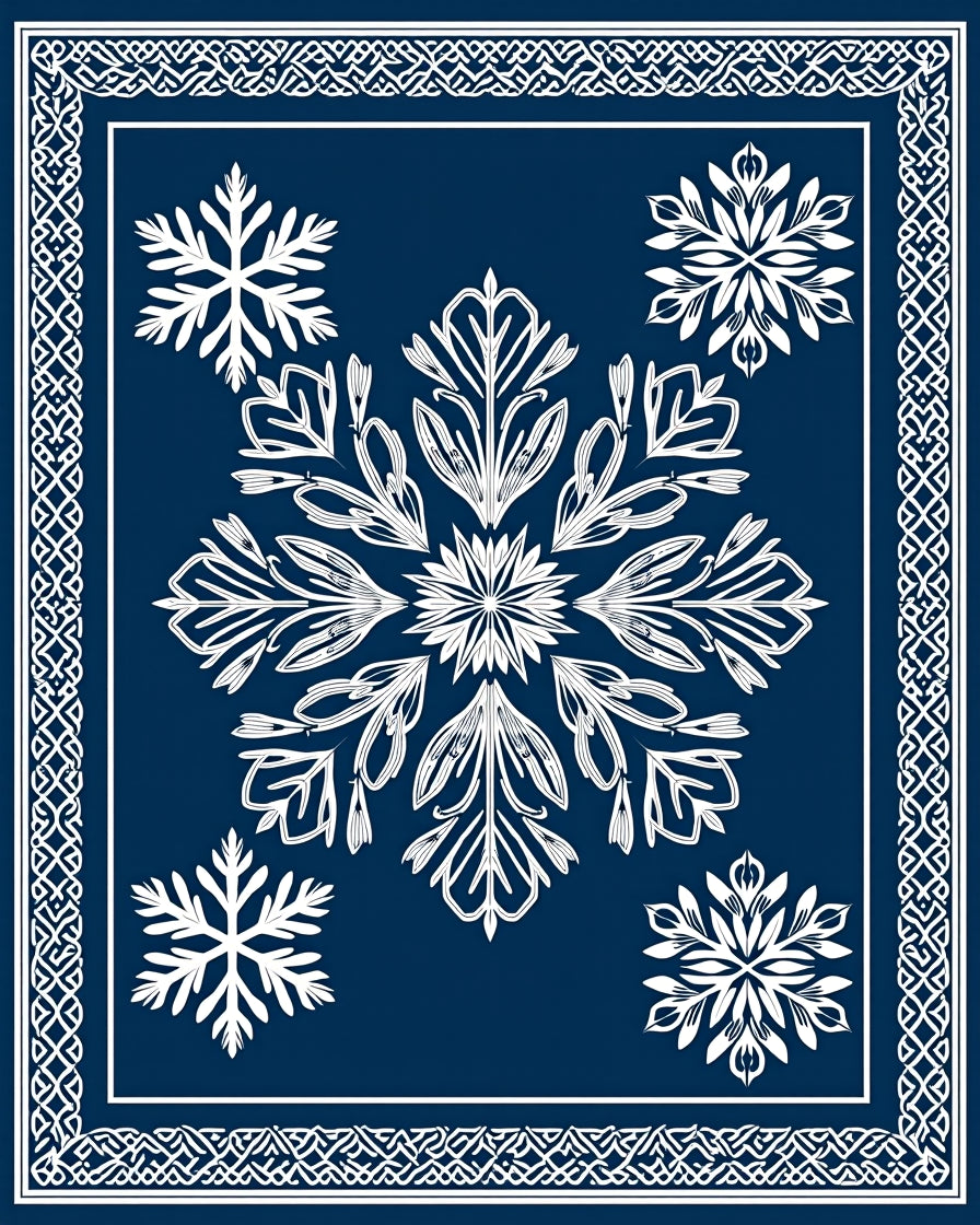 Navy White Snowflake Medallion Border Rug
