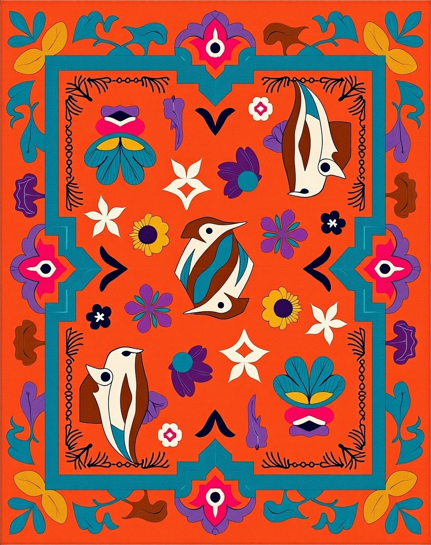 Orange Teal Bird Floral Folk Art Rug