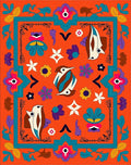 Orange Teal Bird Floral Folk Art Rug