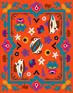 Orange Teal Bird Floral Folk Art Rug