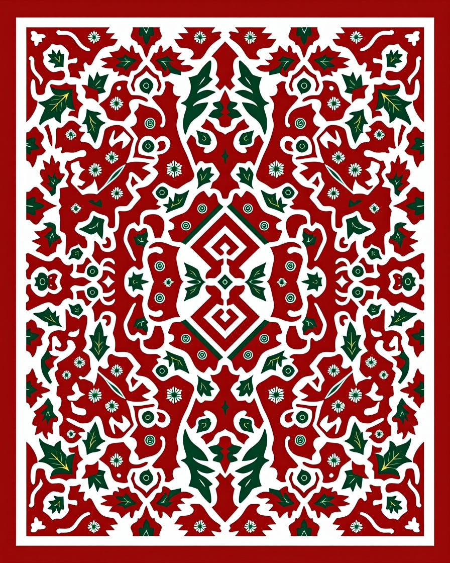 Crimson White Green Floral Medallion Rug