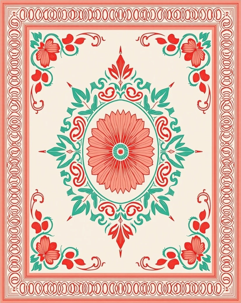 Coral Teal Floral Medallion Border Rug