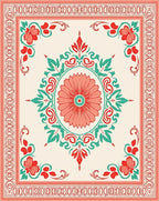 Coral Teal Floral Medallion Border Rug