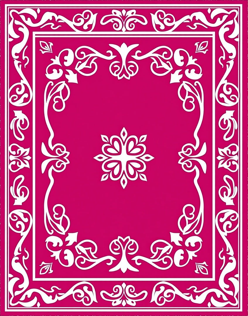 Fuchsia White Floral Scroll Border Rug