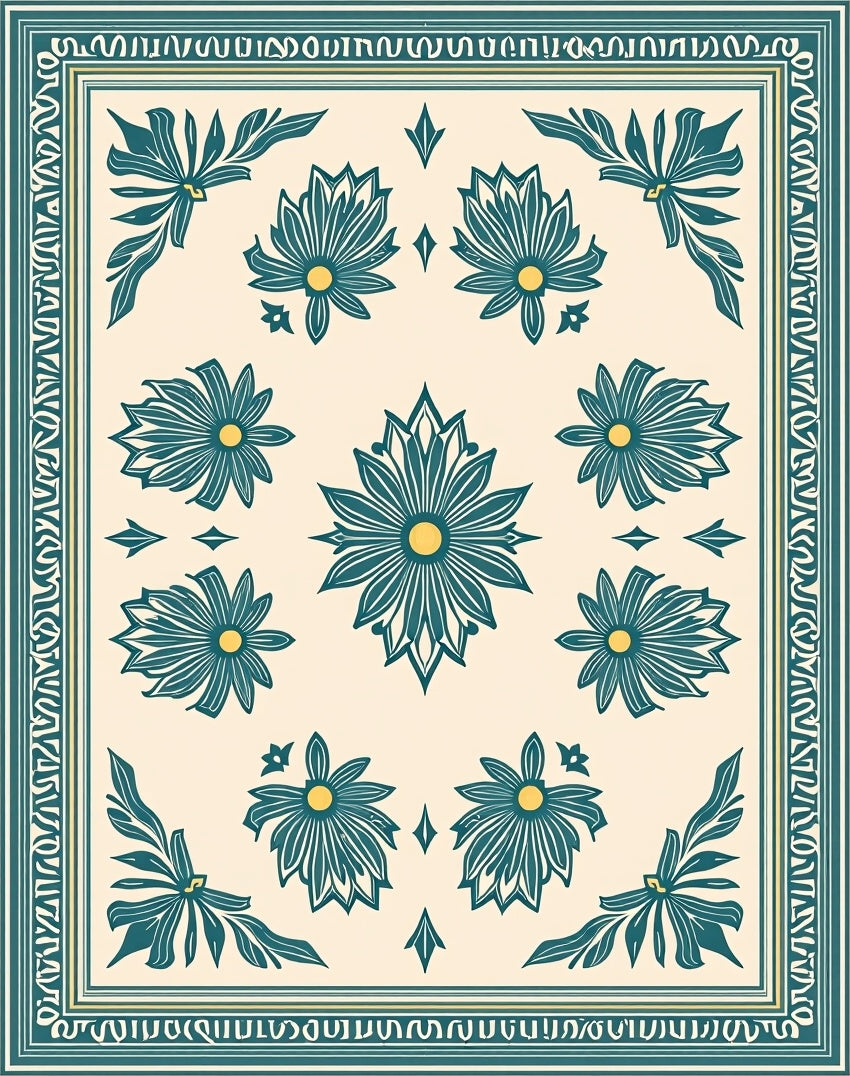 Teal Floral Botanical Cream Rug