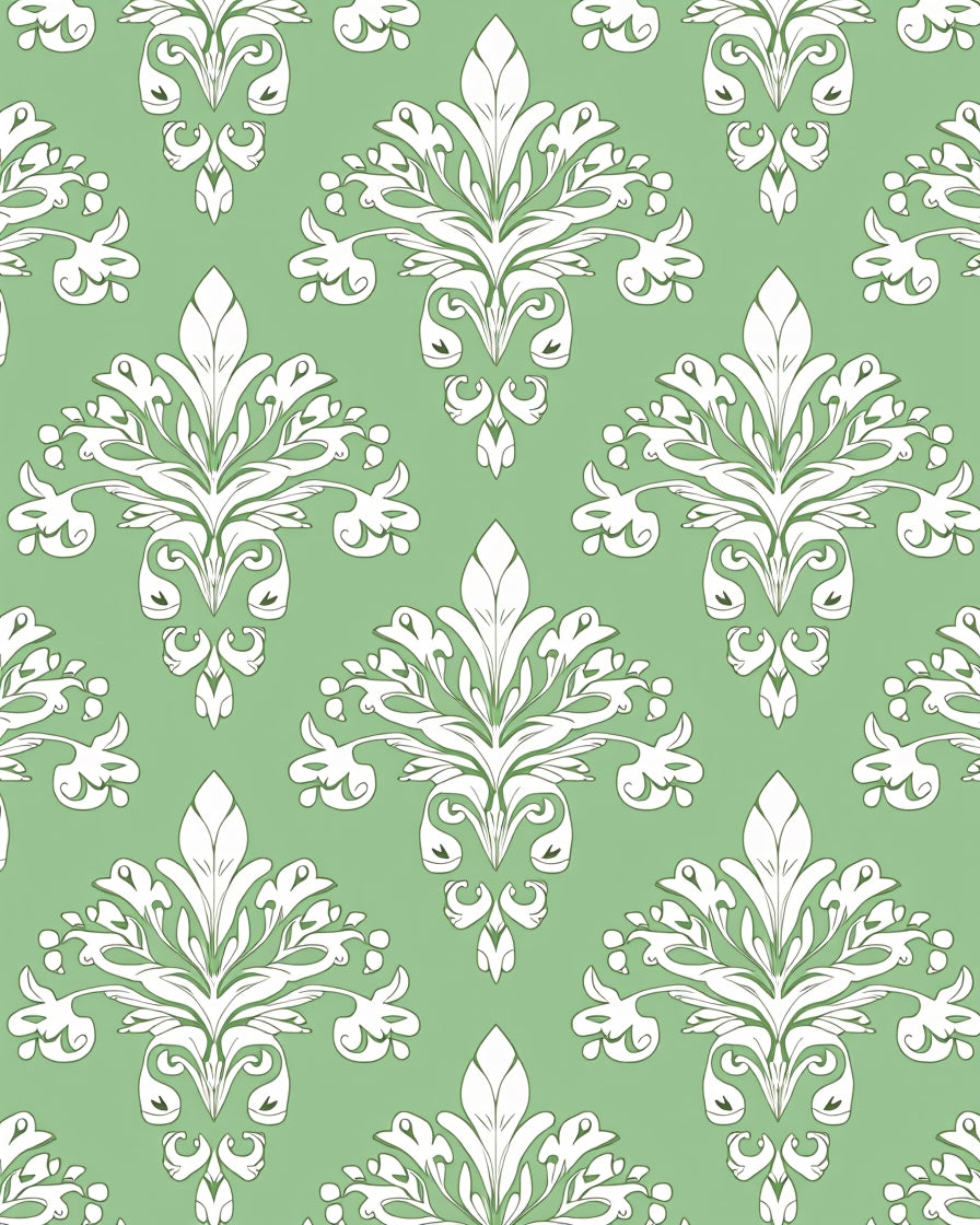 Sage Green White Damask Flourish Rug