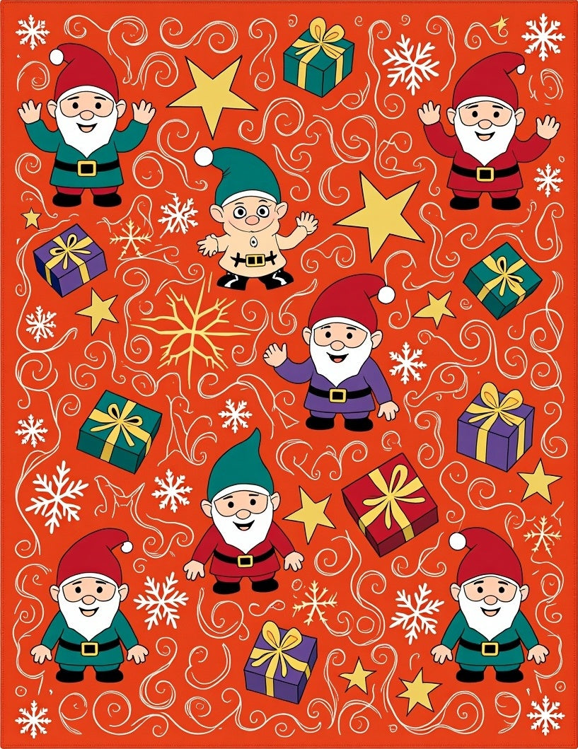 Festive Gnomes Gifts and Snowflakes Whimsy Rug