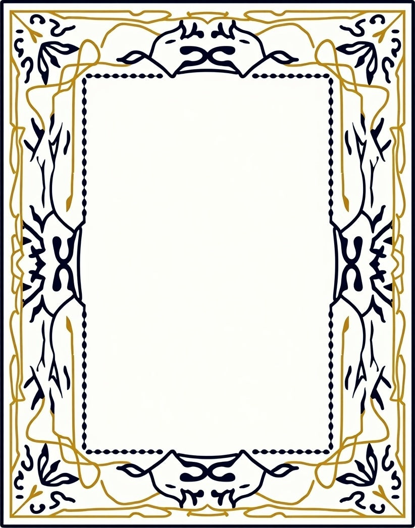Elegant Gold and Navy Botanical Frame Rug