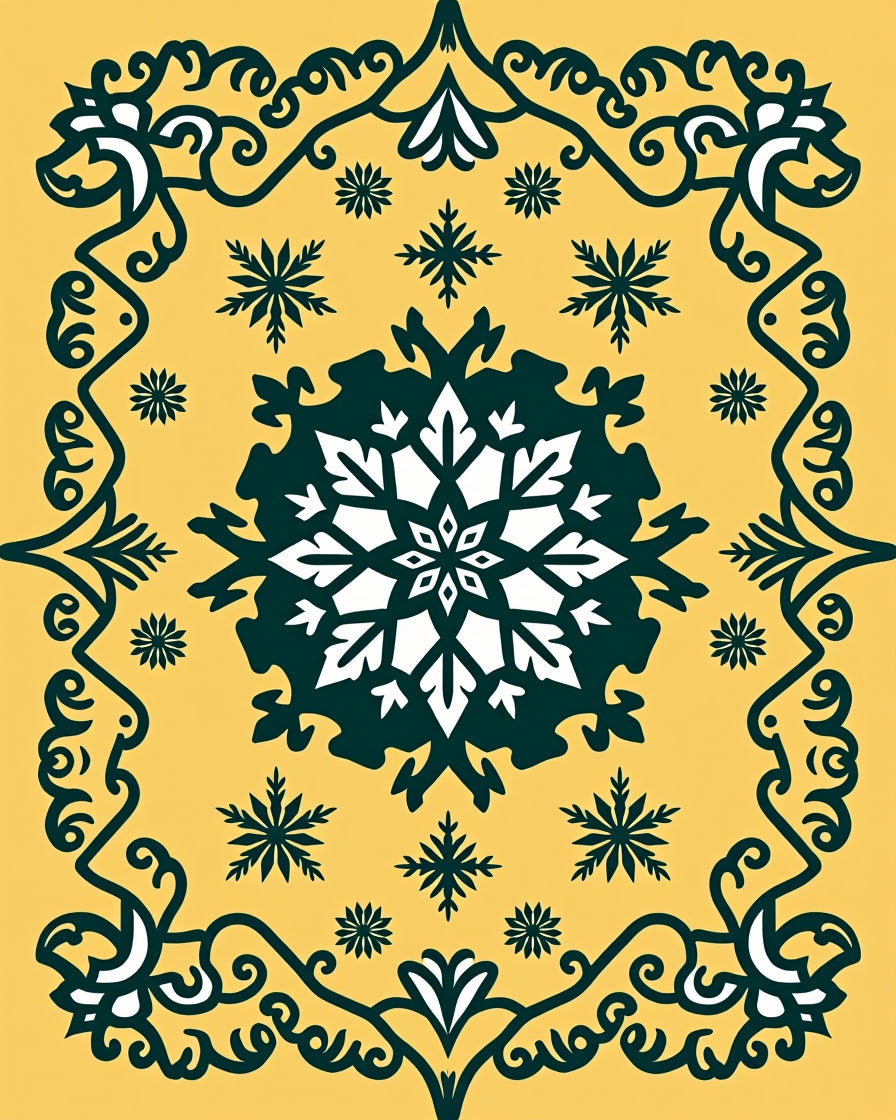 Golden Yellow Snowflake Medallion Border Rug
