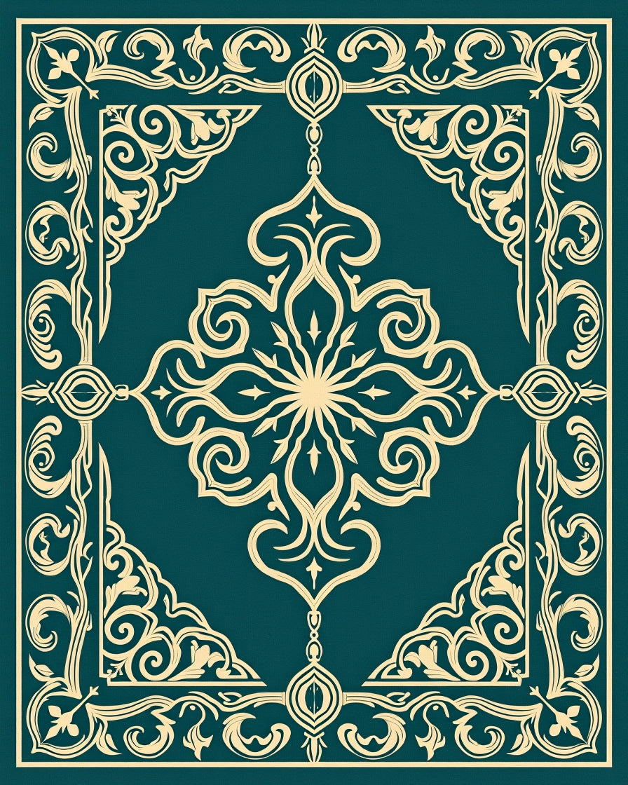 Teal Gold Ornate Scroll Border Rug
