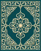 Teal Gold Ornate Scroll Border Rug