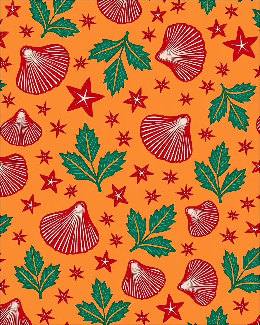 Orange Red Seashell Star Leaf Medley Rug