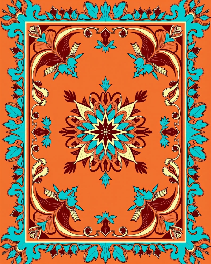 Vibrant Orange Teal Floral Medallion Rug
