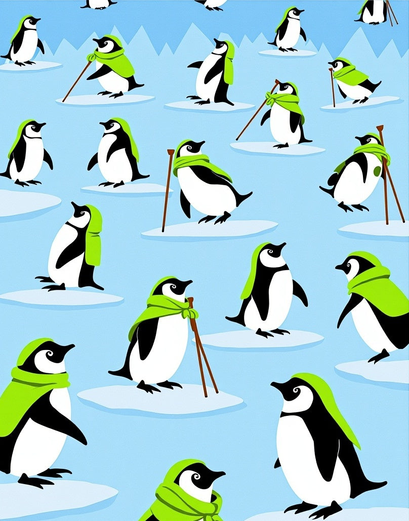 Whimsical Green Scarf Penguins on Ice Rug