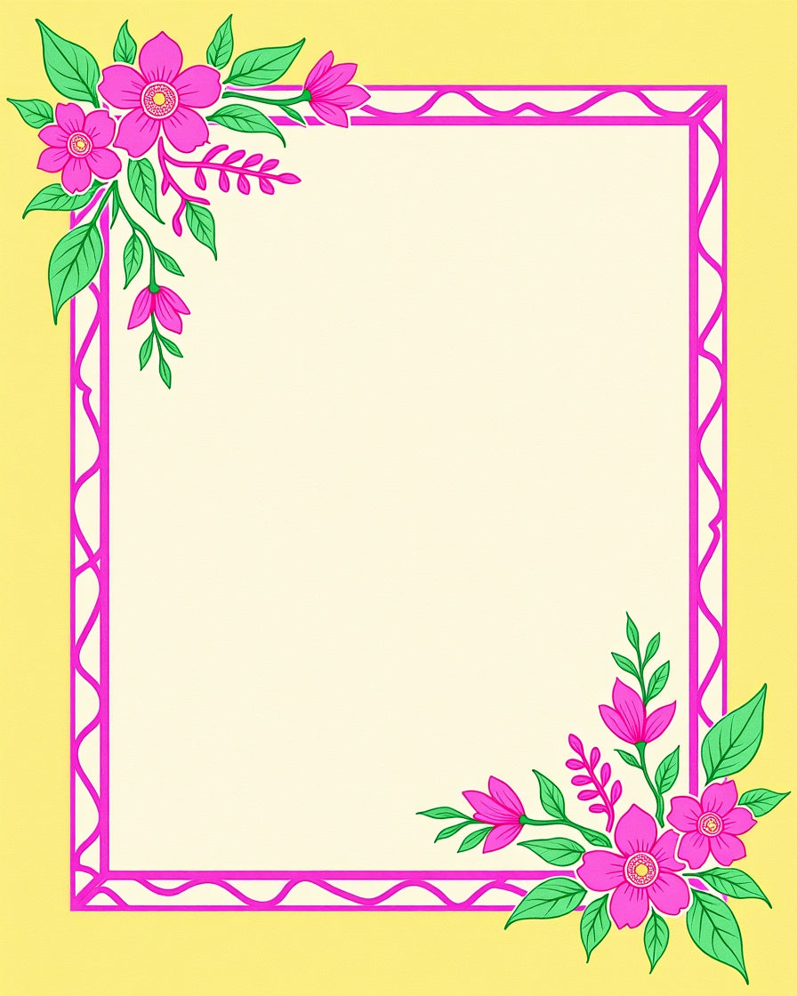 Vibrant Pink Floral Corners Yellow Border Rug