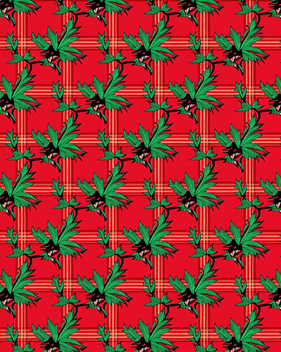 Red Plaid Green Leaf Vine Rug