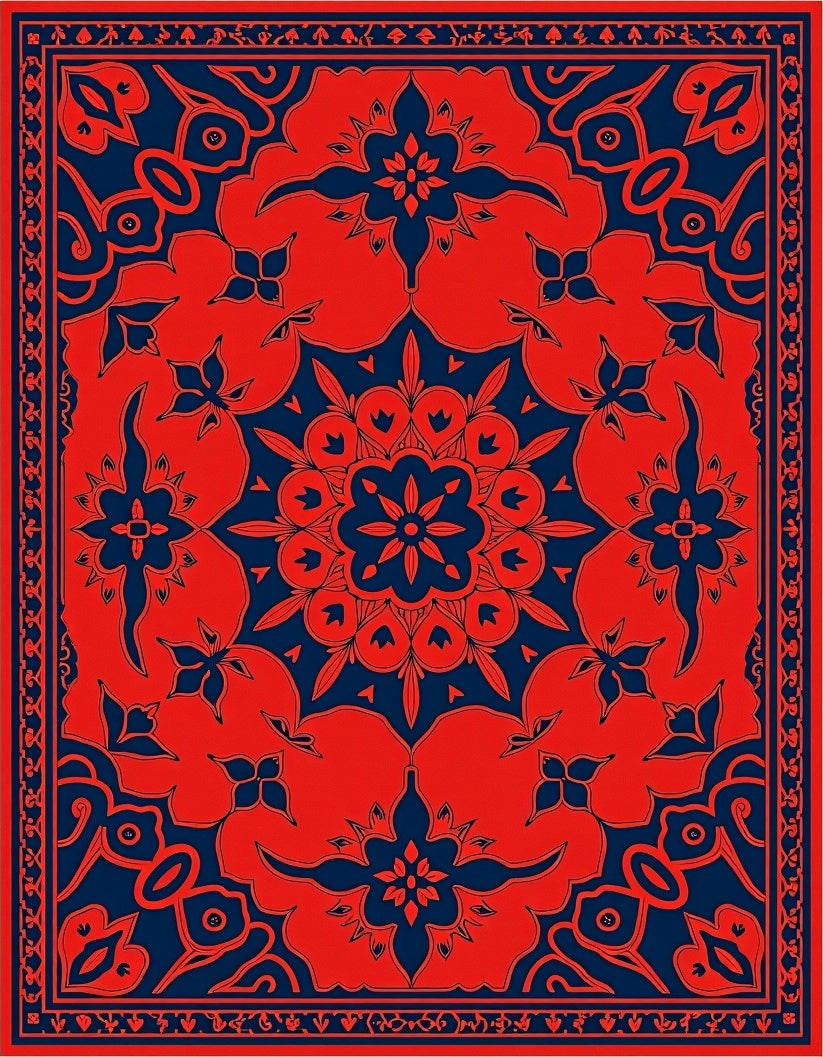 Deep Blue Crimson Floral Mandala Rug