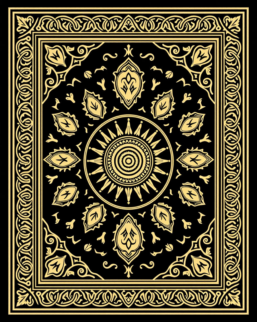 Golden Black Sun Medallion Border Rug